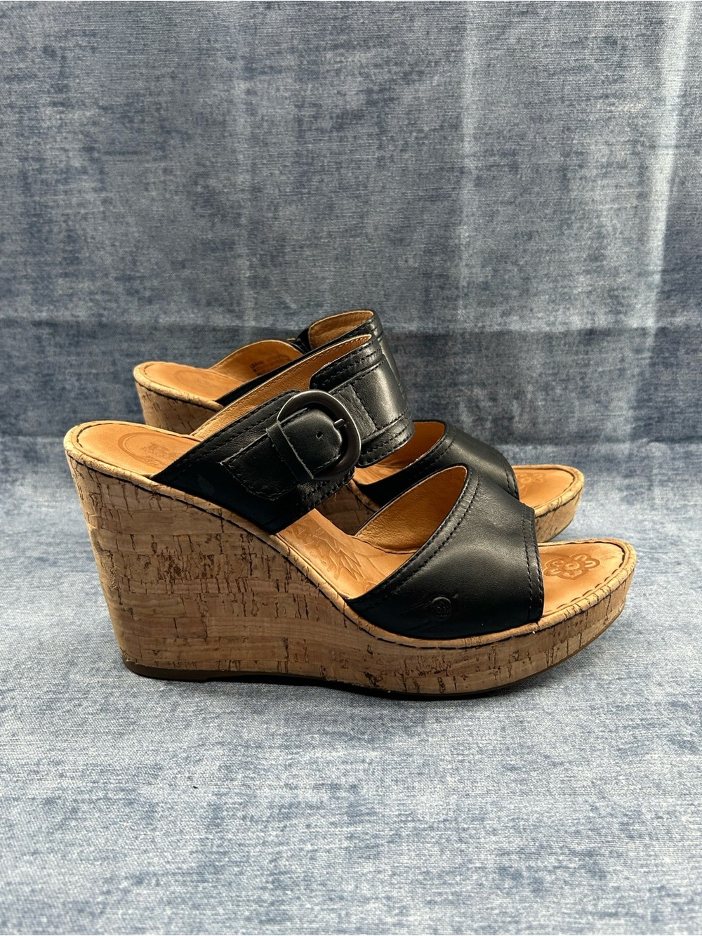 Born leather wedge sandals cork boho sz 10/42 black festival wanderlust buckle
